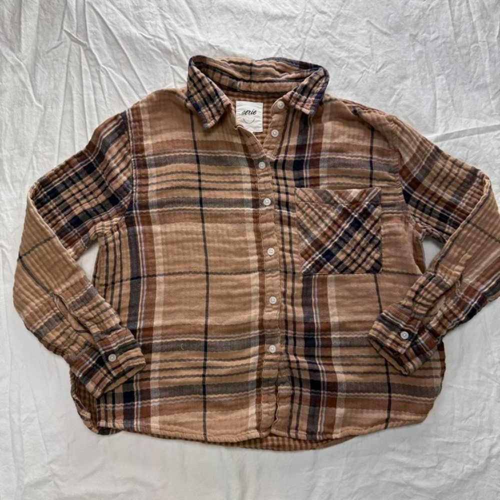 Aerie Women's Brown Button-Up Plaid Flannel Shirt Sz S Western Coastal Cowboy